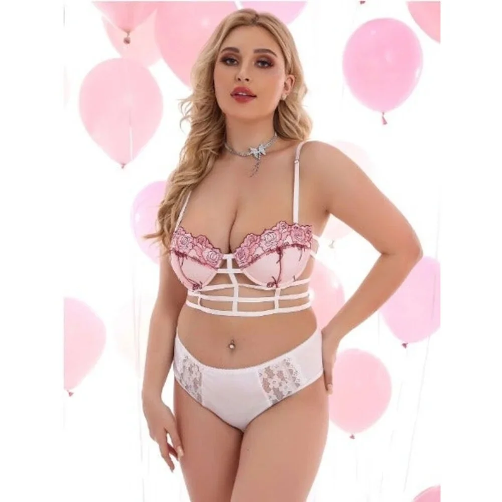 16 Plus (2X) Pink Embroidery Hollow Out Underwire Bra 40F,40G,42D,42E,42F,44C,